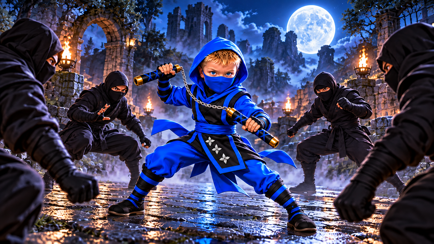 Ozzie in a blue ninja outfit holding nunchucks, surrounded by four black-clad ninjas in stone ruins at night